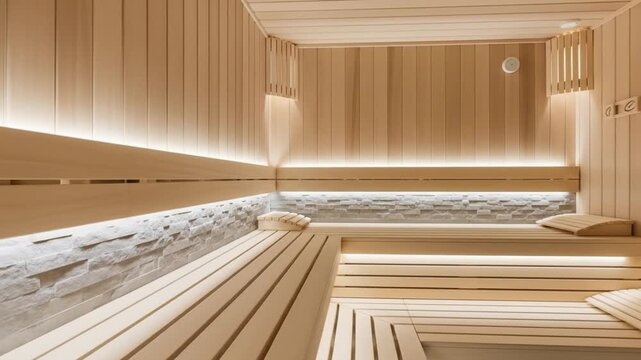 A lightfilled sauna featuring wooden benches gray stone accents and indirect lighting creating a warm inviting space