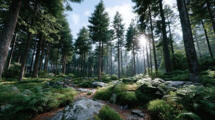 Lush Green Forest with Sunlight Streaming Through Trees Cinematic Nature Photography