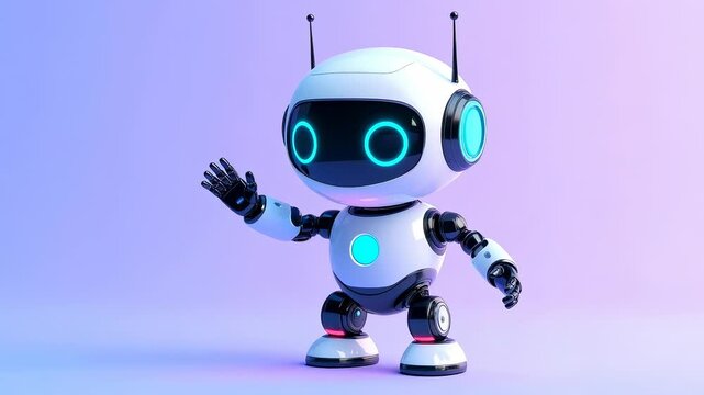 Cute white and black cartoon robot with glowing blue eyes waving hello against a simple background