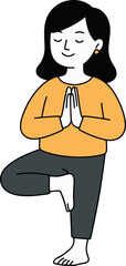 Vector art of a woman in the tree pose, a yoga asana, the woman is standing on one leg with the other foot placed on the inner thigh her hands are in prayer position at her chest