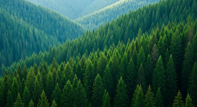 Layers of green coniferous forest on rolling hills in the mountains
