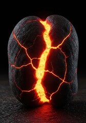 A dark, cracked sphere with glowing orange lava erupting from its fissures against a black background, symbolizing destruction and creation