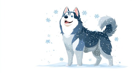 A happy, snow-dusted Siberian Husky stands in a light snowfall, looking upward with a joyful expression.  Its fur is predominantly black and white, and it's 