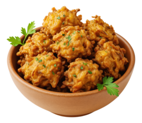 Crispy homemade Indian Onion Bhaji in a rustic clay bowl, a savory deep-fried snack garnished with fresh parsley, Isolated on Transparent and White Background
