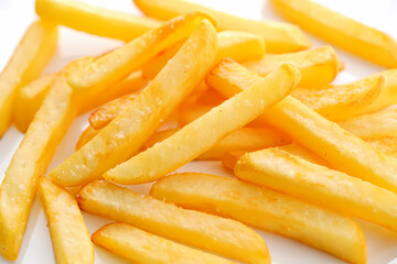 Closeup of golden and crispy french fries isolated on white background, a popular and delicious side dish or snack