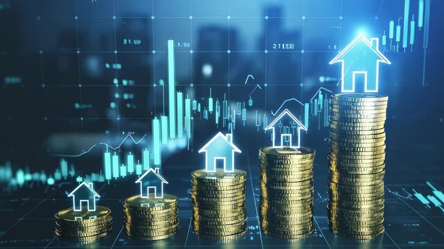 Rising stacks of gold coins with glowing house icons illustrate increasing real estate investment value.