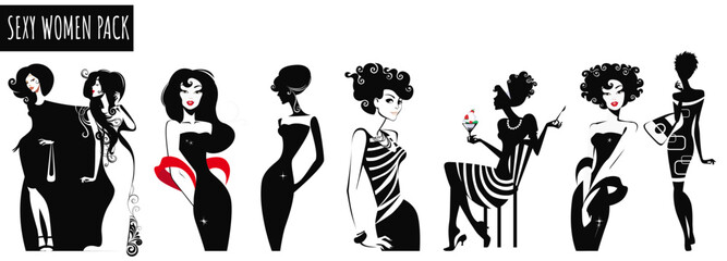 Artistic Woman Silhouette: A collection of stylized silhouettes of women in a fashion pack, creating a striking visual display, perfect for branding projects or cosmetics logos etc.