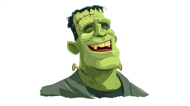 A jovial green Frankenstein's monster caricature, depicted from the chest up, exhibits a wide, toothy grin, stitched scars, and prominent neck bolts against a stark white backdrop