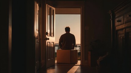 Man sitting with a box at a front door at dusk, symbolizing divorce, moving out, life change, leaving home and beginning a new chapter after separation