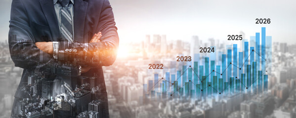 Business bar chart and line graph showing yearly business growth from 2022 to new year 2026, represent data analytics, future 2026 planning, business 2026 trend, and performance analysis 2026 Vouch