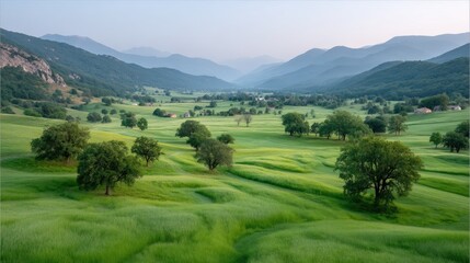 Lush Green Meadow Valley with Distant Mountain Range Under a Hazy Sky Green Pastures Trees Dotting the Landscape Serene Rural Valley in Morning