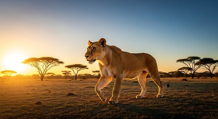 Majestic lioness and cub embrace golden hour safari sunset in african savannah