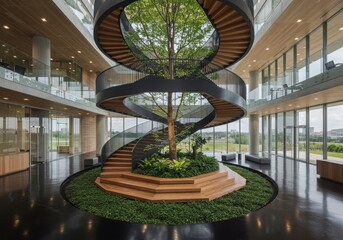 A striking spiral staircase encircles a lush green tree in a modern building lobby, creating a unique architectural focal point with natural elements