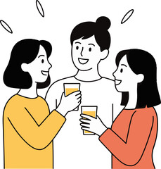 Vector art of three cheerful young women are toasting with glasses of juice, celebrating friendship and good times, they are smiling and enjoying each others company in a lighthearted moment