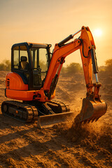 Small orange excavator digging earth at a construction site at sunset