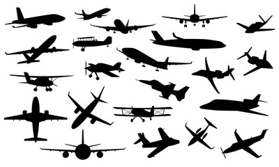 Airplane silhouette set. Dark figures of civil and military aircraft for transportation and flights. Planes with propellers and turbines. Flat vector illustration collection isolated on background