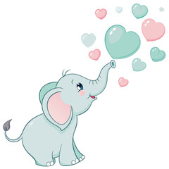 A cute baby elephant blowing hearts from its trunk, surrounded by hearts.
