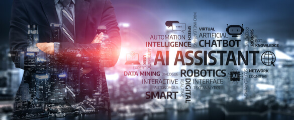 A confident business professional stands before a modern city skyline, emphasizing the role of AI assistants in enhancing technology and digital innovation for future industries. Tessel © InfiniteFlow