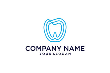 Dental clinic logo icon tooth outline stroke design illustration isolated on dark blue background with dental text and copy space