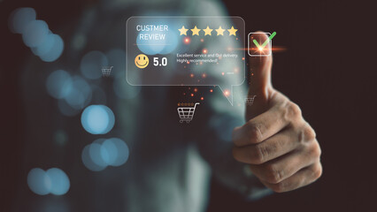 Customer feedback five star rating with thumbs up, excellent service review, online satisfaction,...