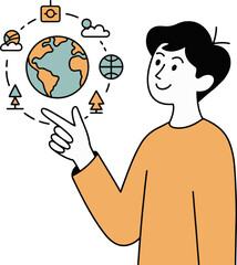 Vector art of a young man is pointing at a globe surrounded by various travelrelated icons, suggesting exploration, adventure, and connection to the world, he is wearing a casual outfit and smiling