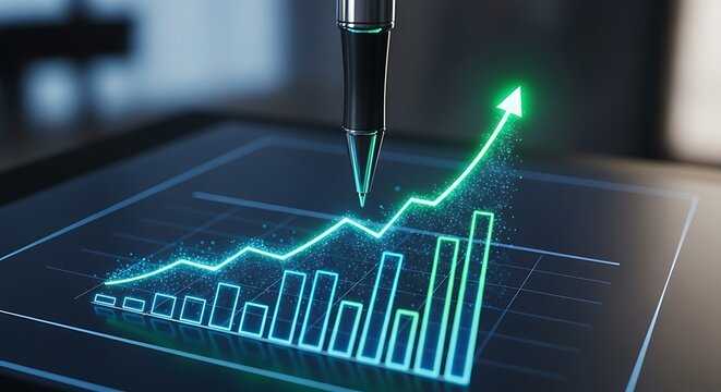 Digital financial growth graph with upward trend and bar chart data visualization