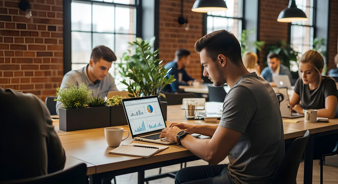 Young Professionals Collaborating in Modern Office Space, Analyzing Business Data and Financial Charts on Laptops, Teamwork, Productivity, and Startup Innovation Environment - Powered by Adobe