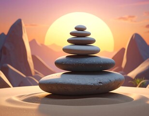 Zen stones balanced at sunset