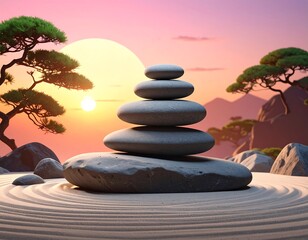 Zen stones at sunrise over a serene landscape