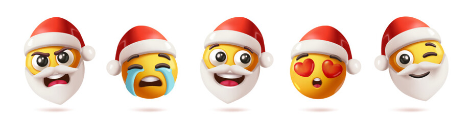 Christmas 3D Emoji Set. Cute holiday emoticons in plasticine style with Santa hats, beards, and hearts. New Year celebration. 3D cartoon vector illustration collection isolated on background
