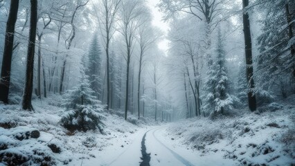 Naklejka premium Snow-covered path winds through a misty, winter forest