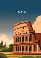 Travel destination poster. Postcard of famous architectural landmark in Rome, Italy. Cityscape with ancient Colosseum. Travel, tourism and journey. Cartoon Flat vector illustration