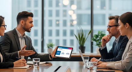 Businessman Presenting Digital Financial Report on Tablet to Colleagues in Corporate Meeting, Showcasing Data-Driven Decision Making, Professional Communication, and Strategic Planning in Modern Busin