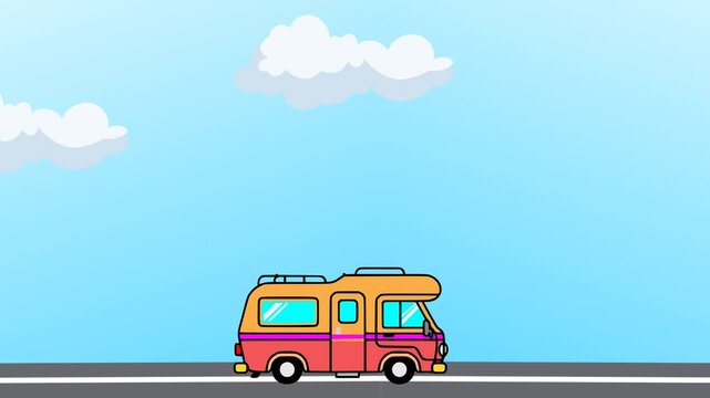Bright cartoon camping car animation speeding down an empty blue highway.