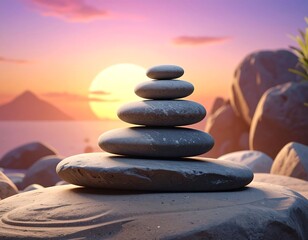 Zen stones balanced on rocks at sunset