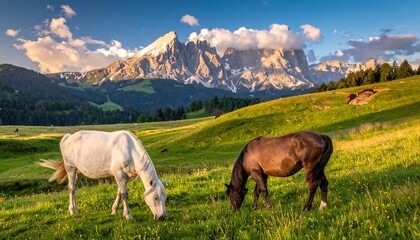 Majestic alpine pasture with horses