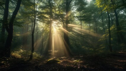 Fototapeta premium Sunbeams pierce through a misty forest, illuminating the ground and trees