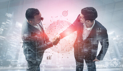 Global business network connecting digital economy and data exchange. Global business expands market, business shares data, global drives finance, and global business supports insight. Vouch