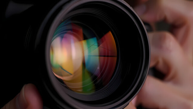 A closeup view of a camera lens reflecting colorful light, capturing the essence of photography and the art of visual storytelling