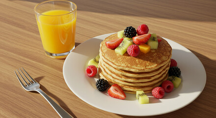 Indulgent stack of golden pancakes piled high with vibrant fresh berries and tropical kiwi, served with a refreshing glass of orange juice.