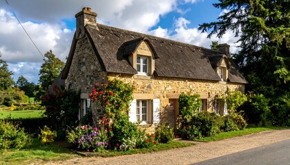 Quaint stone cottage with thatched roof
