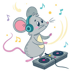A cute mouse wearing headphones DJing on a record player.