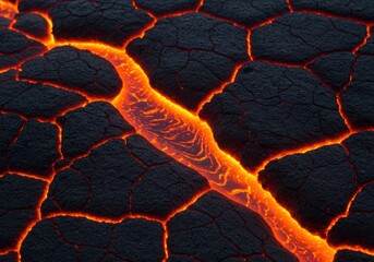 Molten lava cracks on dark volcanic rock, glowing with intense orange heat, symbolizing power and destruction
