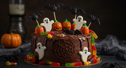 Spooky chocolate Halloween cake adorned with ghosts, bats, pumpkins, and gummy worms creates festive party fun