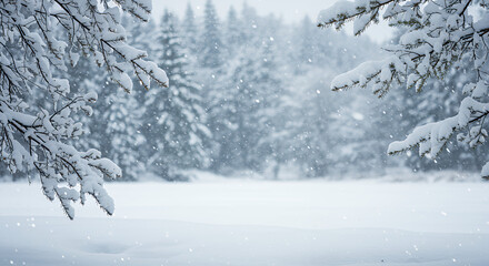 Snowy Winter Landscape with Snow-covered Trees and Falling Snowflakes in a Forest Scene