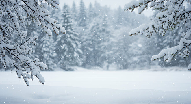 Snowy Winter Landscape with Snow-covered Trees and Falling Snowflakes in a Forest Scene