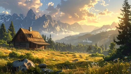 Naklejka premium Mountain hut at sunset, idyllic landscape