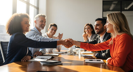 Obraz premium Business Professionals Shaking Hands in Successful Meeting, Celebrating Partnership, Collaboration, and Teamwork in a Positive Corporate Environment Focused on Growth, Trust, and Mutual Achievement