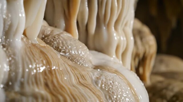 A detailed close-up of intricate flowstone formations, glistening from residual moisture within a damp cave nature, geological, wet