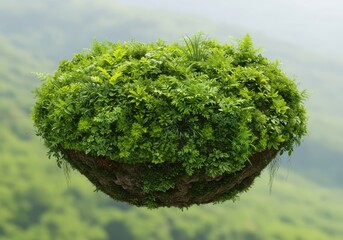 A lush green floating island with dense foliage and roots, suspended in a soft, blurred natural environment